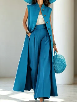 Urban Plain Buttoned Wide Leg Pants