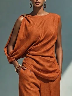 Urban Plain Cotton Linen Sleeveless Blouse Chic Off-Shoulder Summer Daily Top