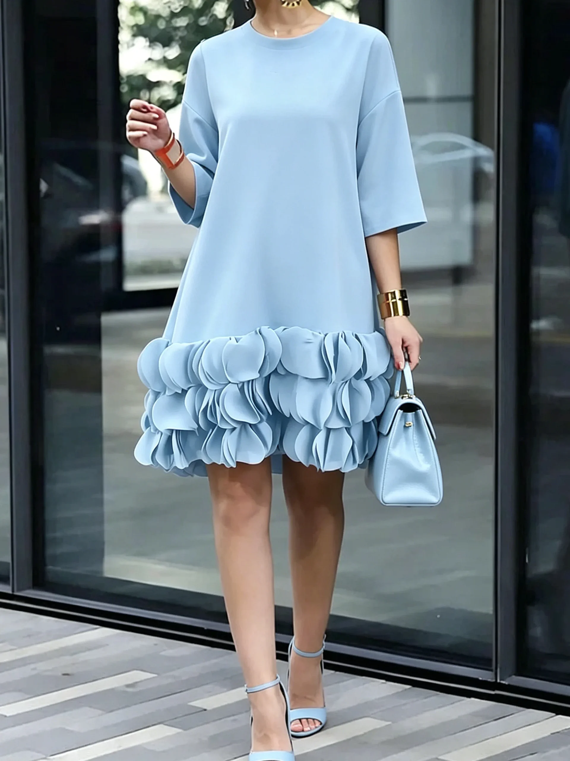 Urban Plain Crew Neck Knee Length Dress