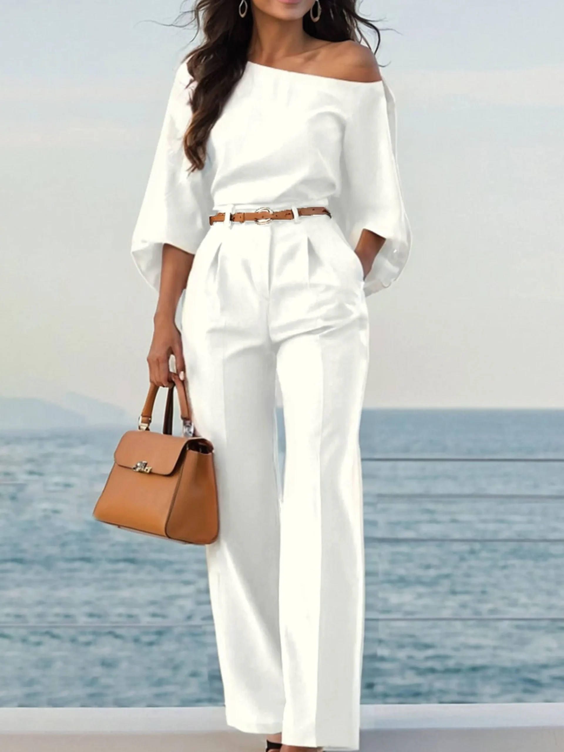 Urban Plain Irregular Craftsmanship One Shoulder Balloon Sleeve Blouse