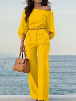 Urban Plain Irregular Craftsmanship One Shoulder Balloon Sleeve Blouse