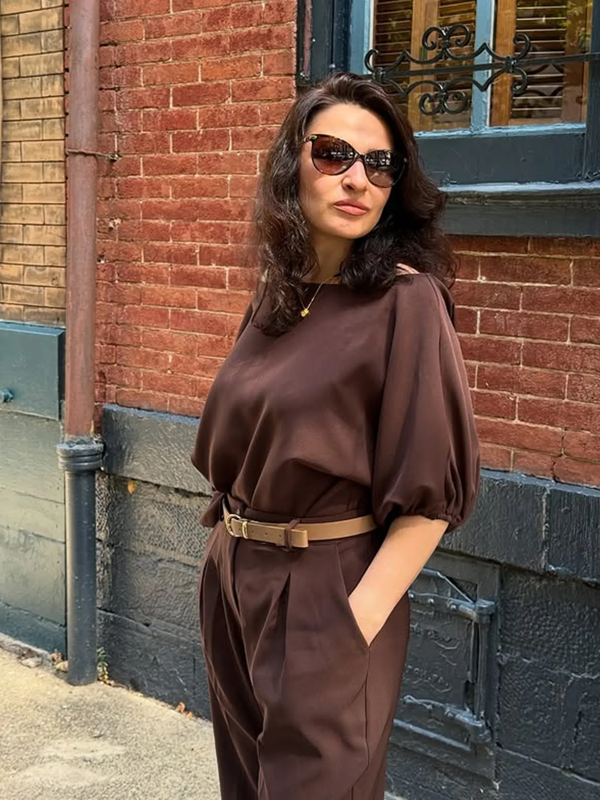Urban Plain Irregular Craftsmanship One Shoulder Balloon Sleeve Blouse