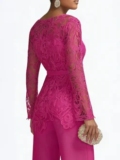 Urban Plain Lace Crew Neck Blouse With 3D Floral