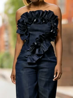 Urban Plain Peplum Cold Shoulder Denim Top Does Not Include Shirt