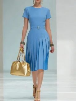 Urban Plain Pleated Crew Neck Midi Dress With Belt
