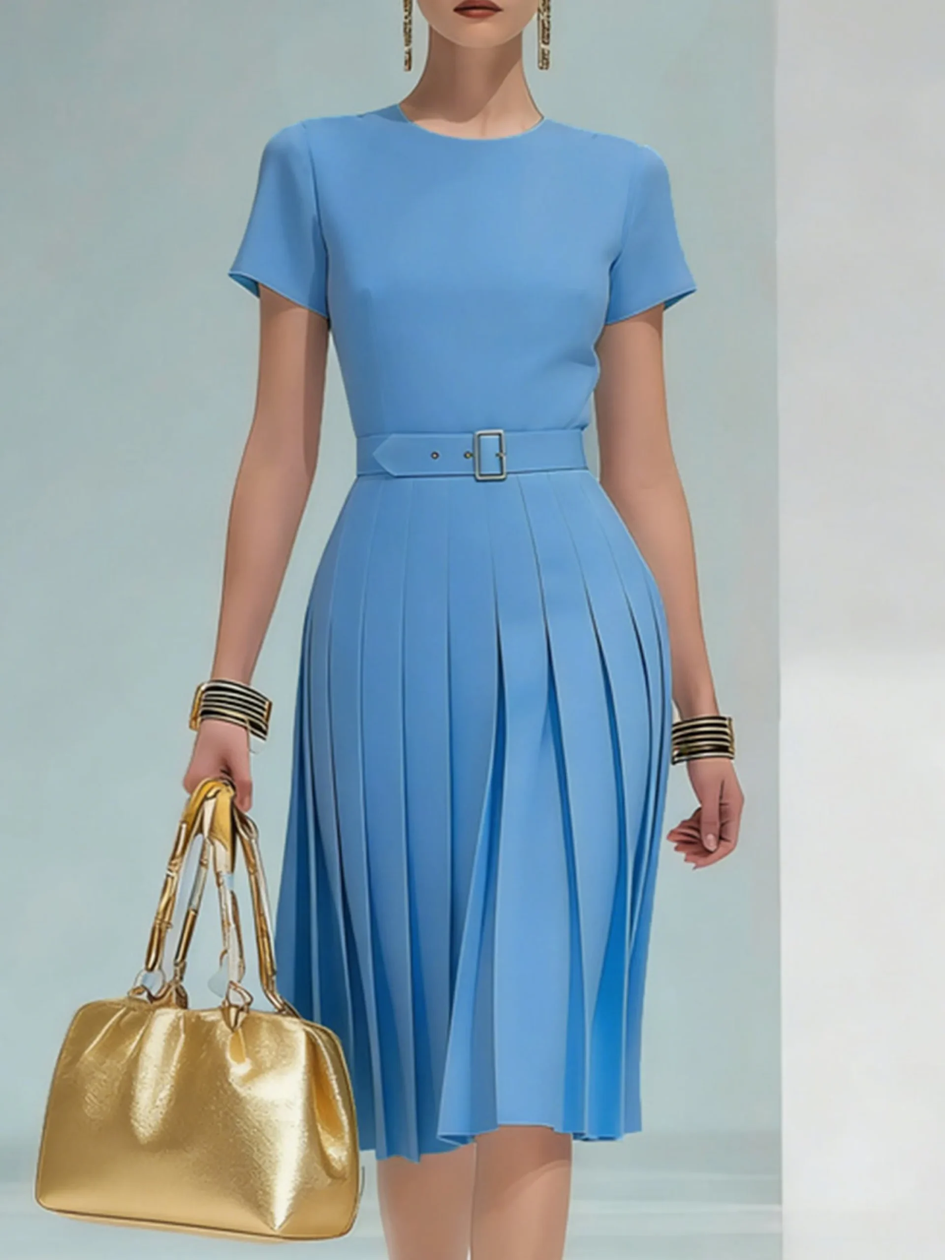 Urban Plain Pleated Crew Neck Midi Dress With Belt