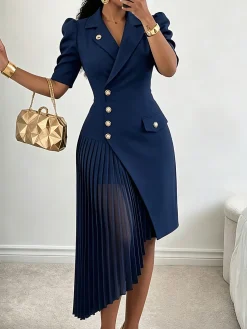 Urban Plain Puff Sleeve Irregular Craftsmanship Lapel Collar Midi Dress