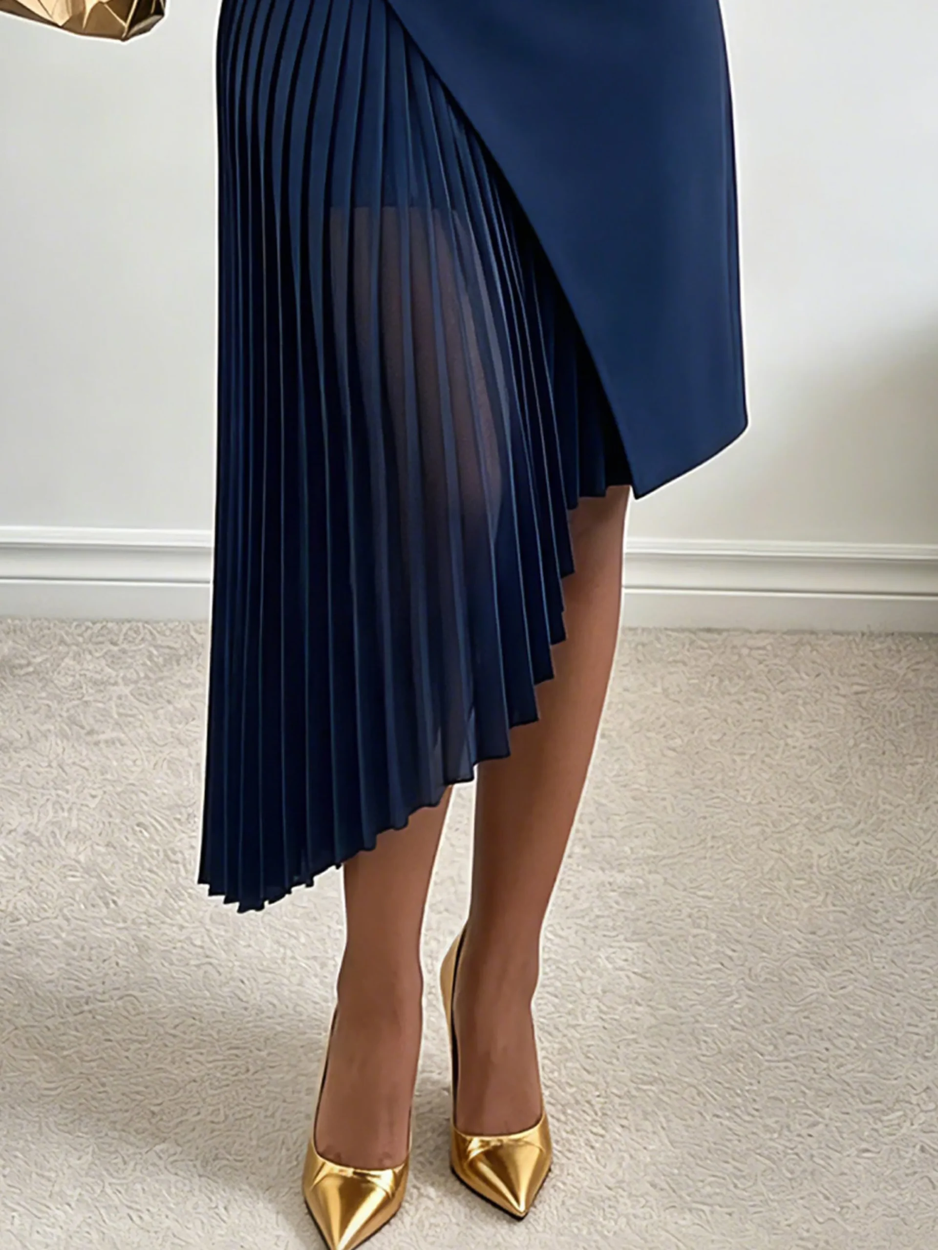 Urban Plain Puff Sleeve Irregular Craftsmanship Lapel Collar Midi Dress