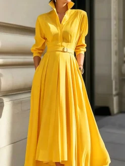 Urban Plain Ruched Shirt Collar Midi Dress With Belt