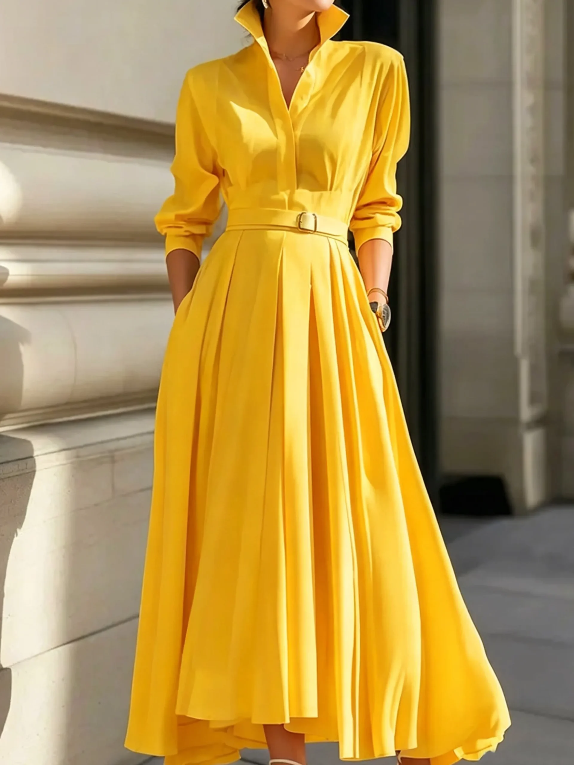 Urban Plain Ruched Shirt Collar Midi Dress With Belt
