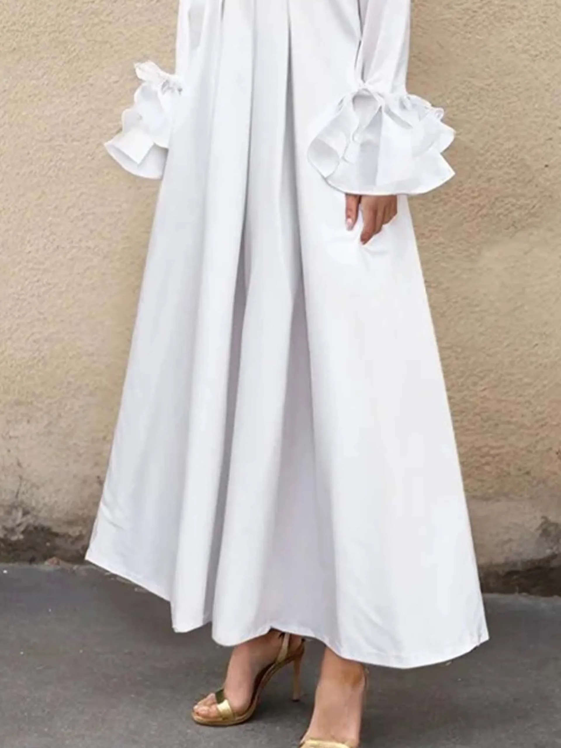 Urban Plain Ruffle Sleeve Shirt Collar Maxi Dress
