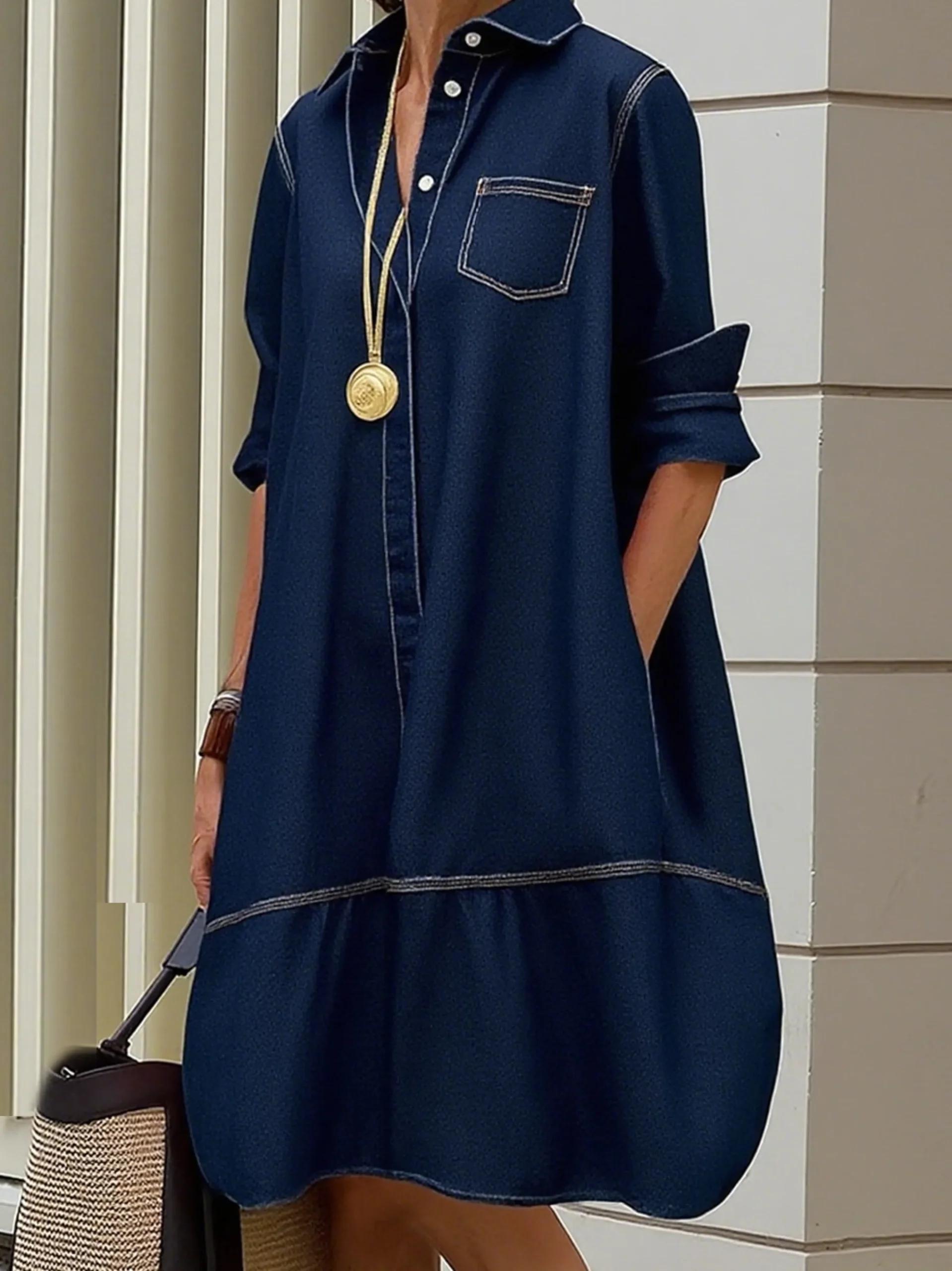 Urban Plain Shirt Collar Knee Length Denim Dress