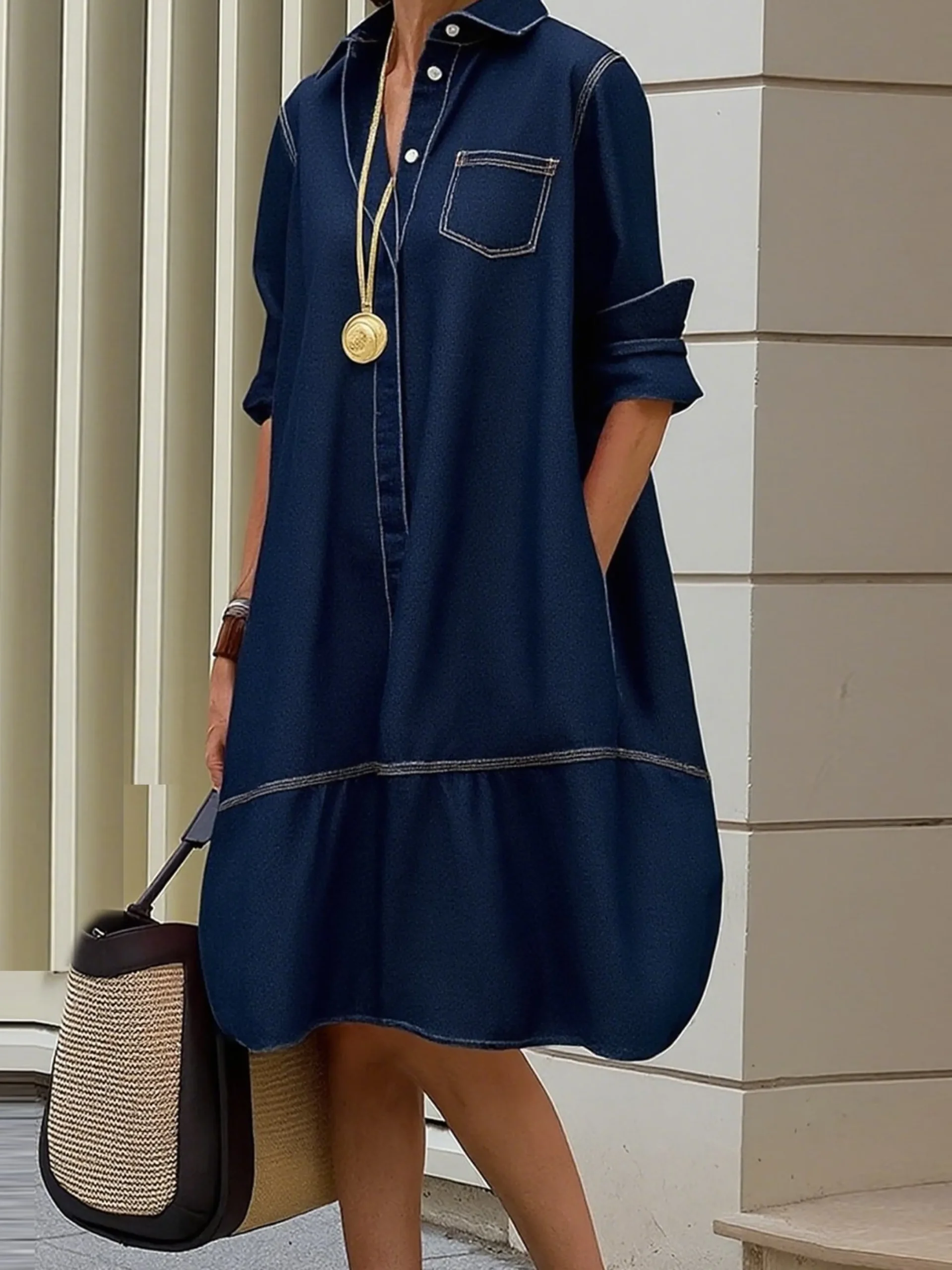 Urban Plain Shirt Collar Knee Length Denim Dress