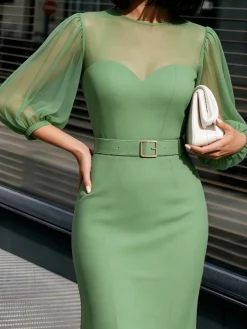 Urban Plain Split Joint Crew Neck Maxi Dress With Belt