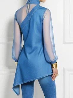 Urban Plain Split Joint Mock Neck Denim Top