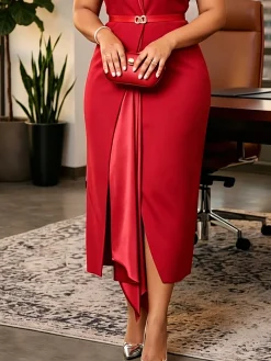Urban Plain Split Joint V Neck Midi Dress