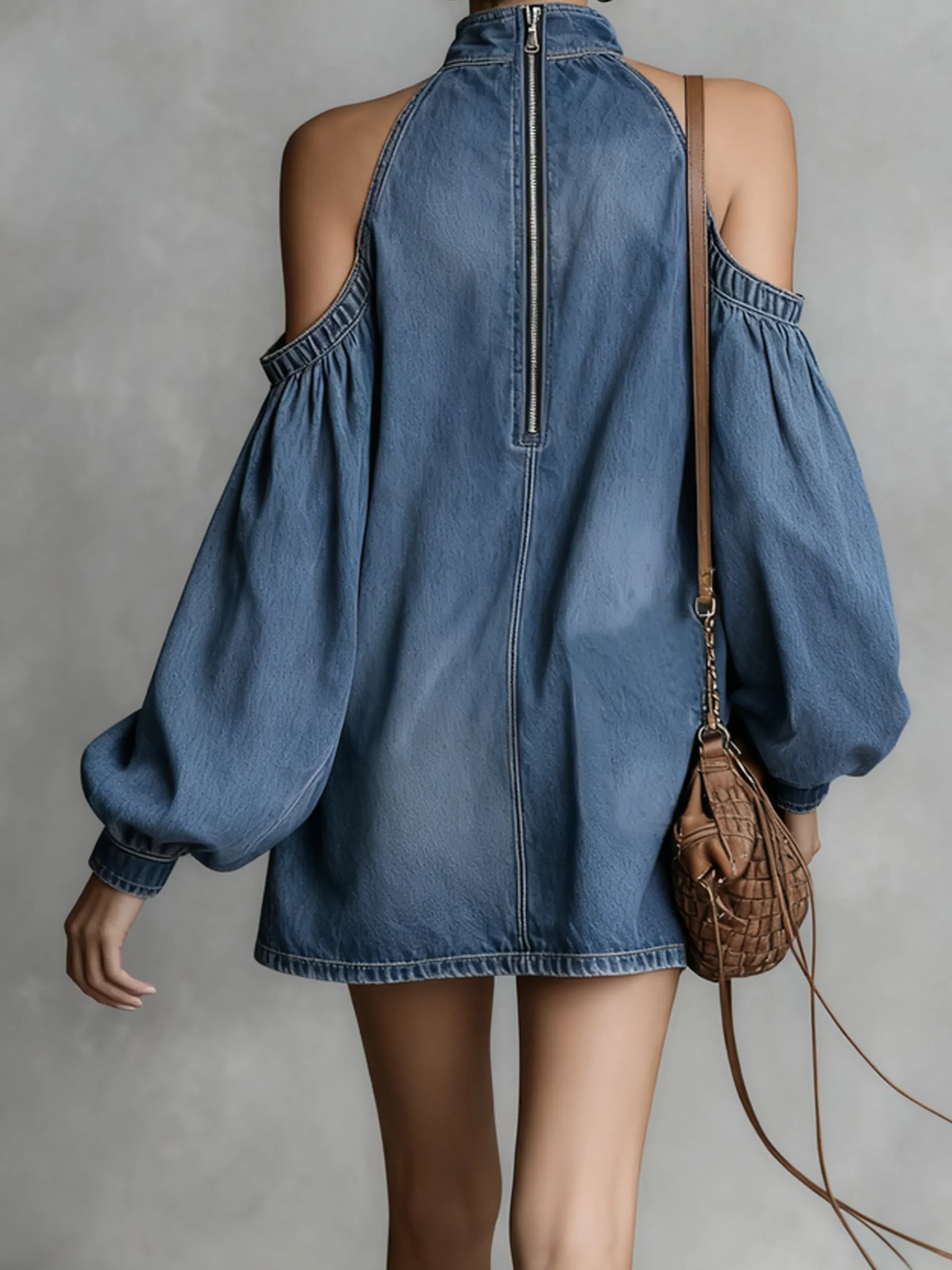 Urban Plain Stand Collar Mini Denim Dress