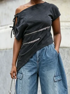 Urban Plain Zipper Asymmetrical Blouse