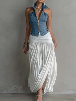Urban Plain Zipper Shawl Collar Denim Top