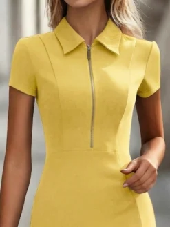 Urban Plain Zipper Shawl Collar Knee Length Dress