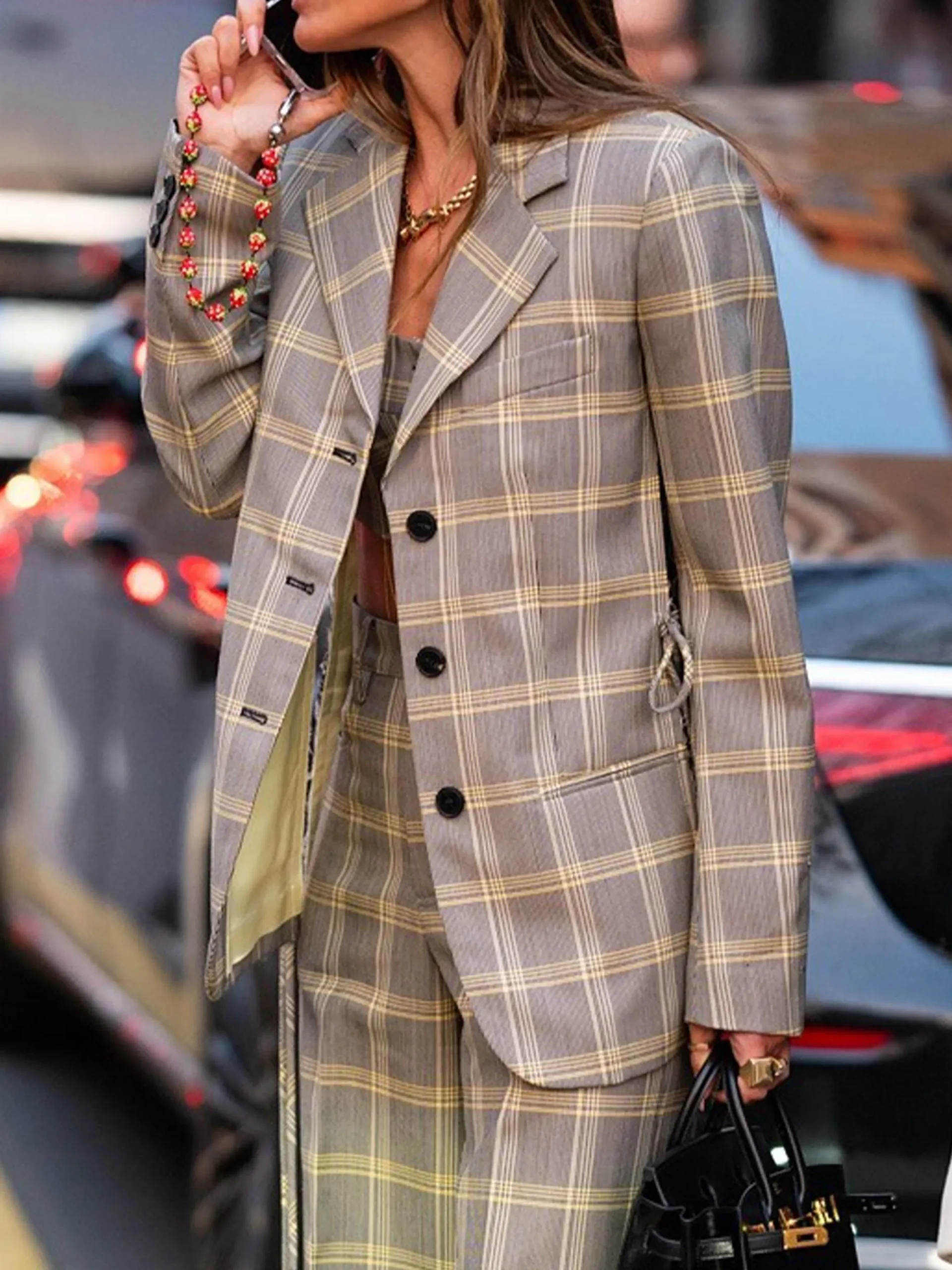 Urban Printing Plaid Lapel Collar Blazer With Belt
