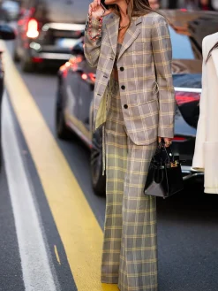 Urban Printing Plaid Lapel Collar Blazer With Belt