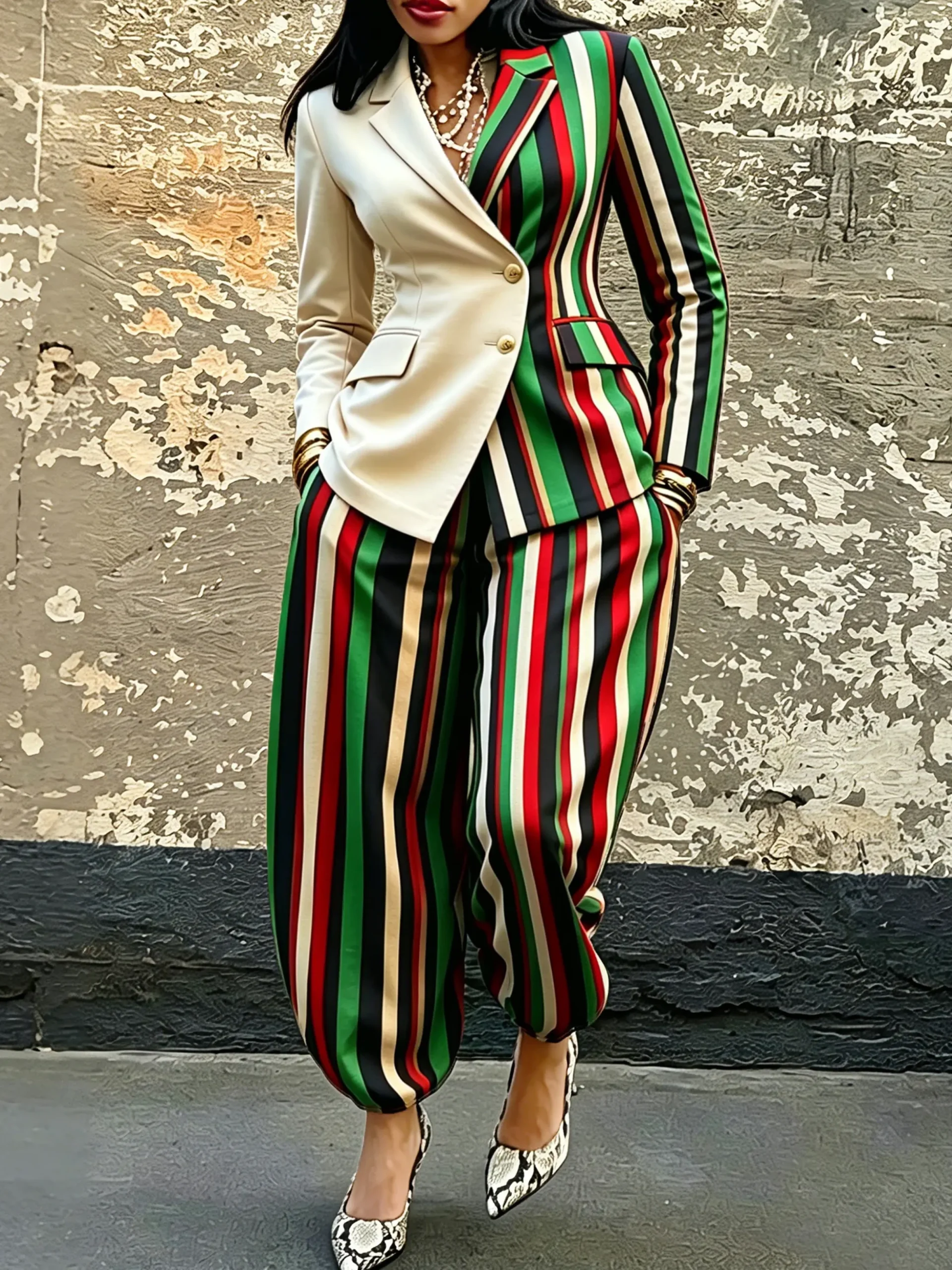 Urban Printing Striped Lapel Collar Blazer