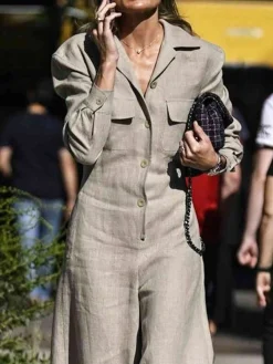 Urban Shawl Collar Long Sleeve Loose Linen Jumpsuit