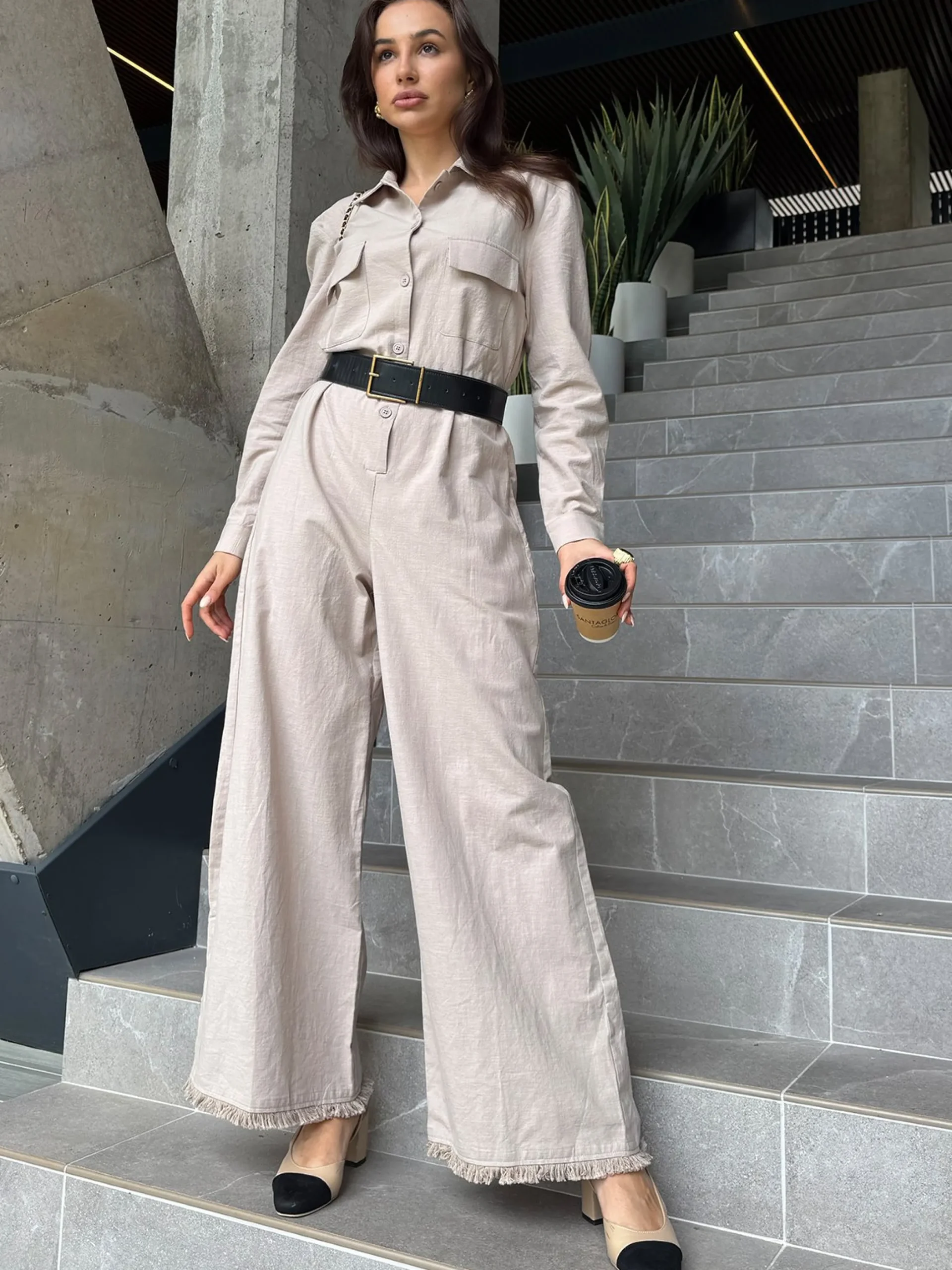 Urban Shawl Collar Long Sleeve Loose Linen Jumpsuit