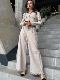 Urban Shawl Collar Long Sleeve Loose Linen Jumpsuit