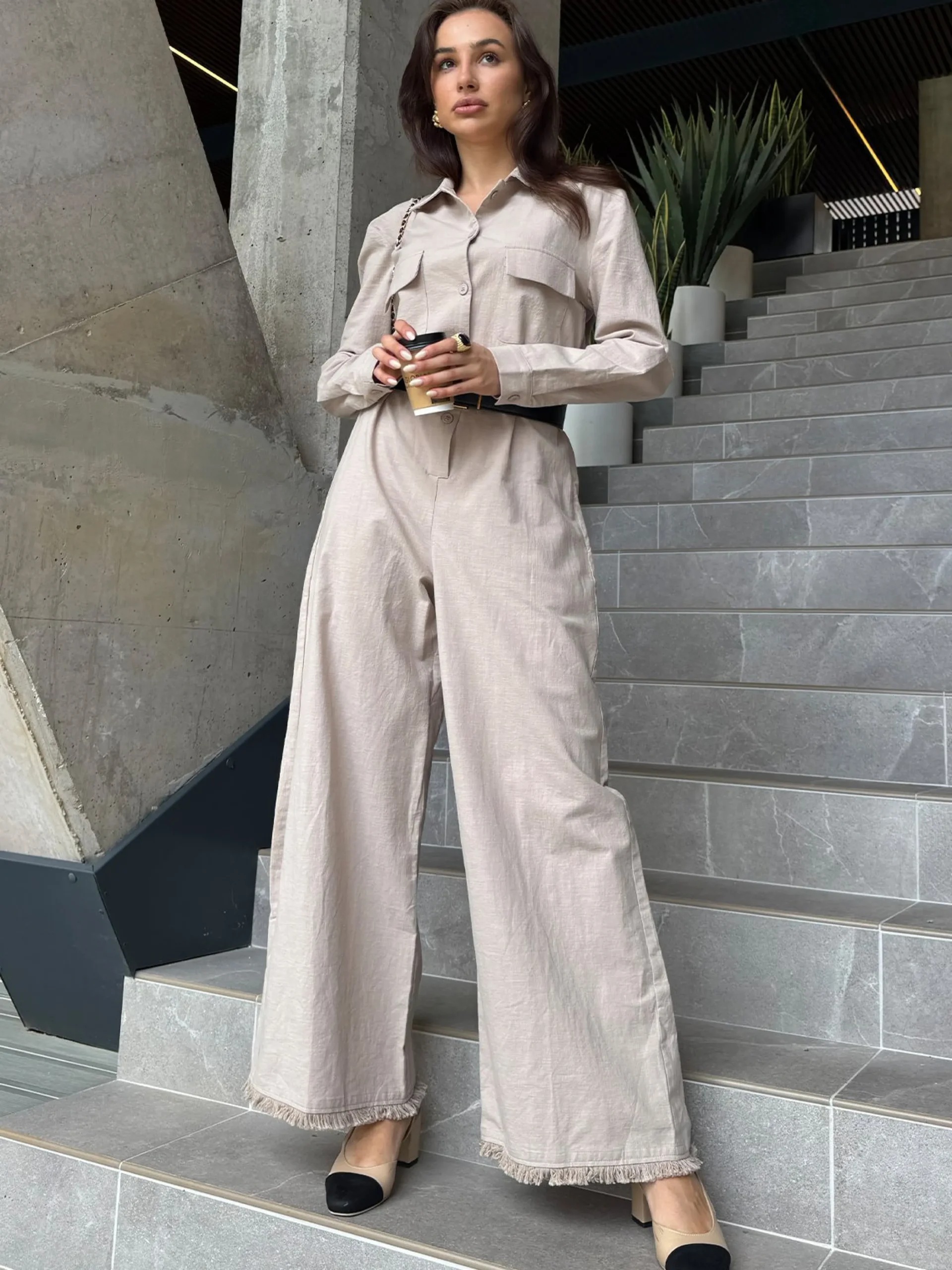 Urban Shawl Collar Long Sleeve Loose Linen Jumpsuit