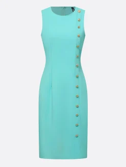 Urban Solid Bodycon Buttoned Crew Neck Midi Dress