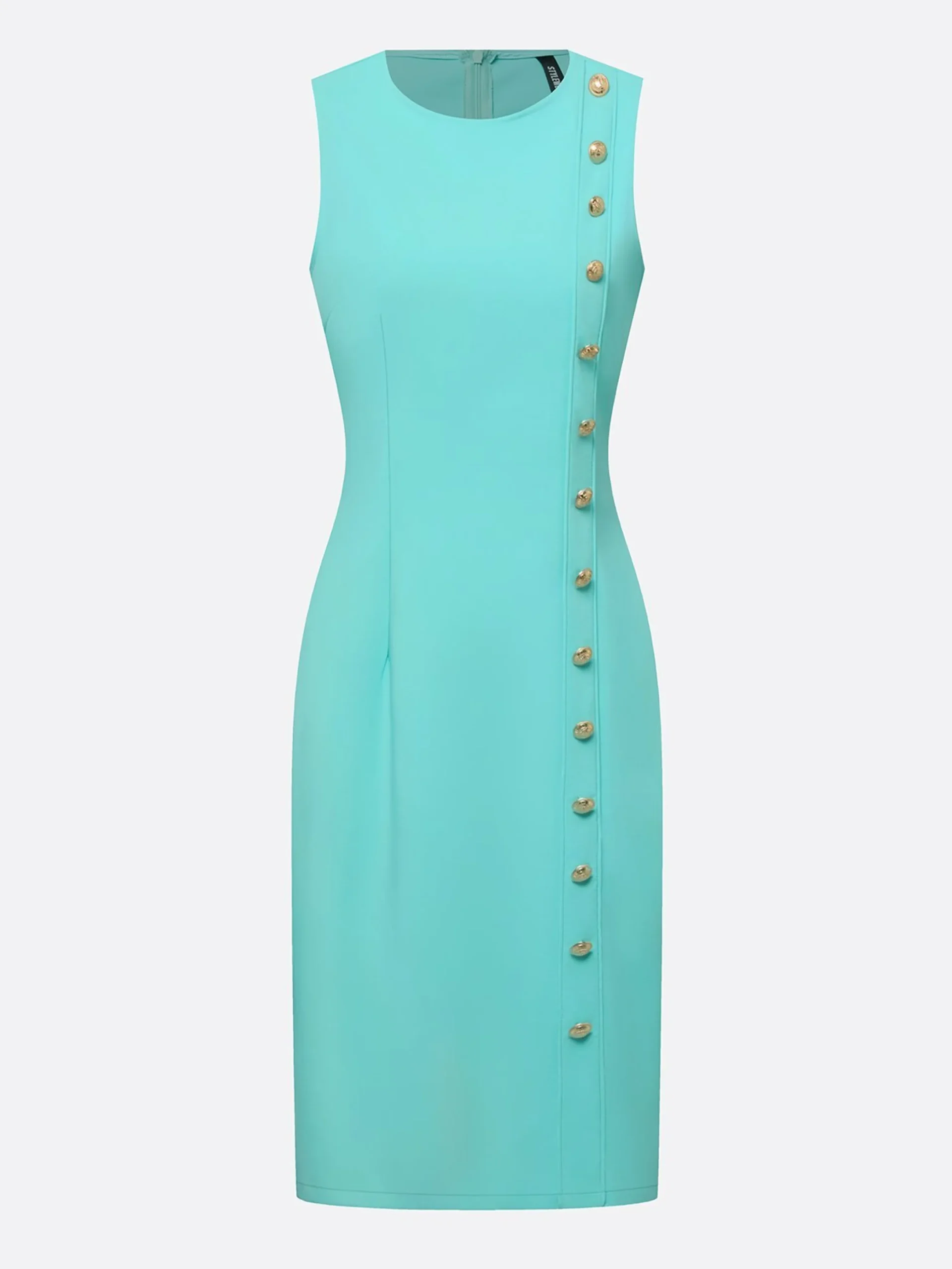Urban Solid Bodycon Buttoned Crew Neck Midi Dress
