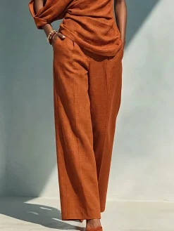 Urban Solid Cotton Linen Straight Leg Pants Relaxed Fit Side Pockets Daily