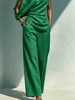 Urban Solid Cotton Linen Straight Leg Pants Relaxed Fit Side Pockets Daily