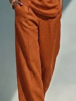 Urban Solid Cotton Linen Straight Leg Pants Relaxed Fit Side Pockets Daily