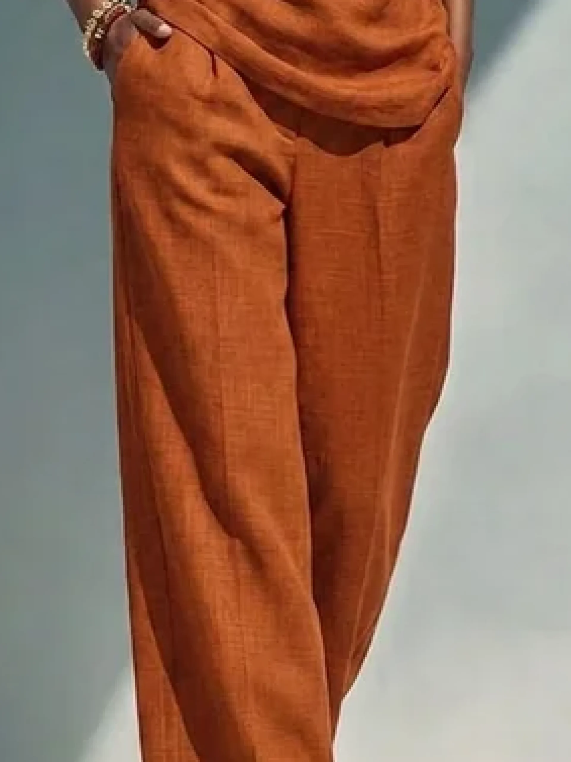 Urban Solid Cotton Linen Straight Leg Pants Relaxed Fit Side Pockets Daily