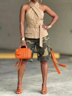 Urban Solid Tailored Cross Halter Neck Blouse