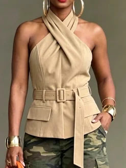 Urban Solid Tailored Cross Halter Neck Blouse
