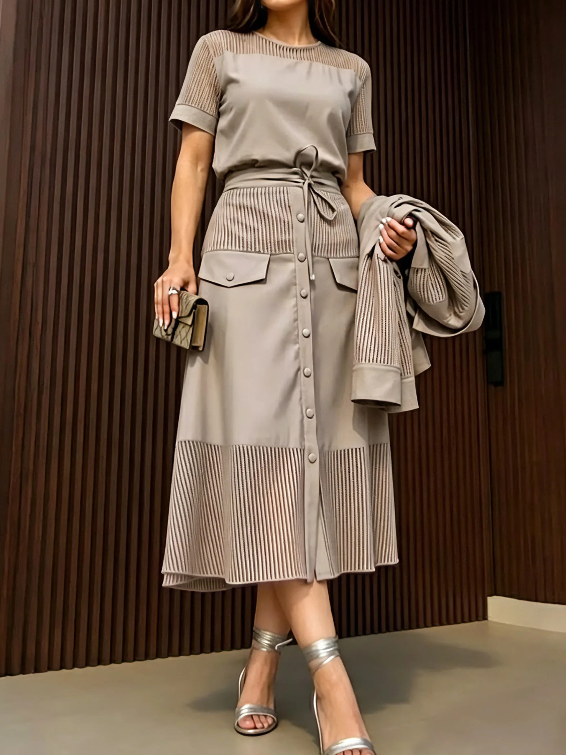 Urban Split Joint Buttoned Pockets Lace-up Plain Midi Skirt