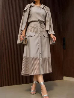 Urban Split Joint Buttoned Pockets Lace-up Plain Midi Skirt