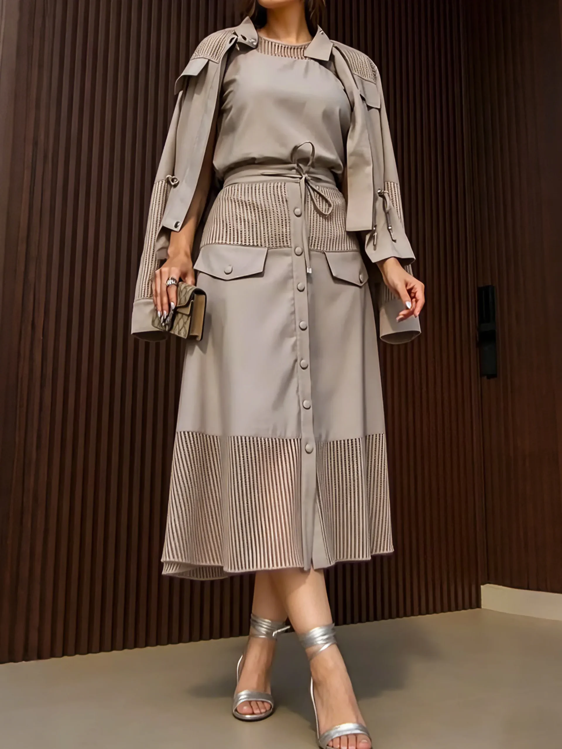 Urban Split Joint Buttoned Pockets Lace-up Plain Midi Skirt