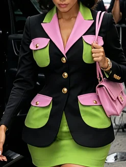 Urban Split Joint Color Block Lapel Collar Blazer