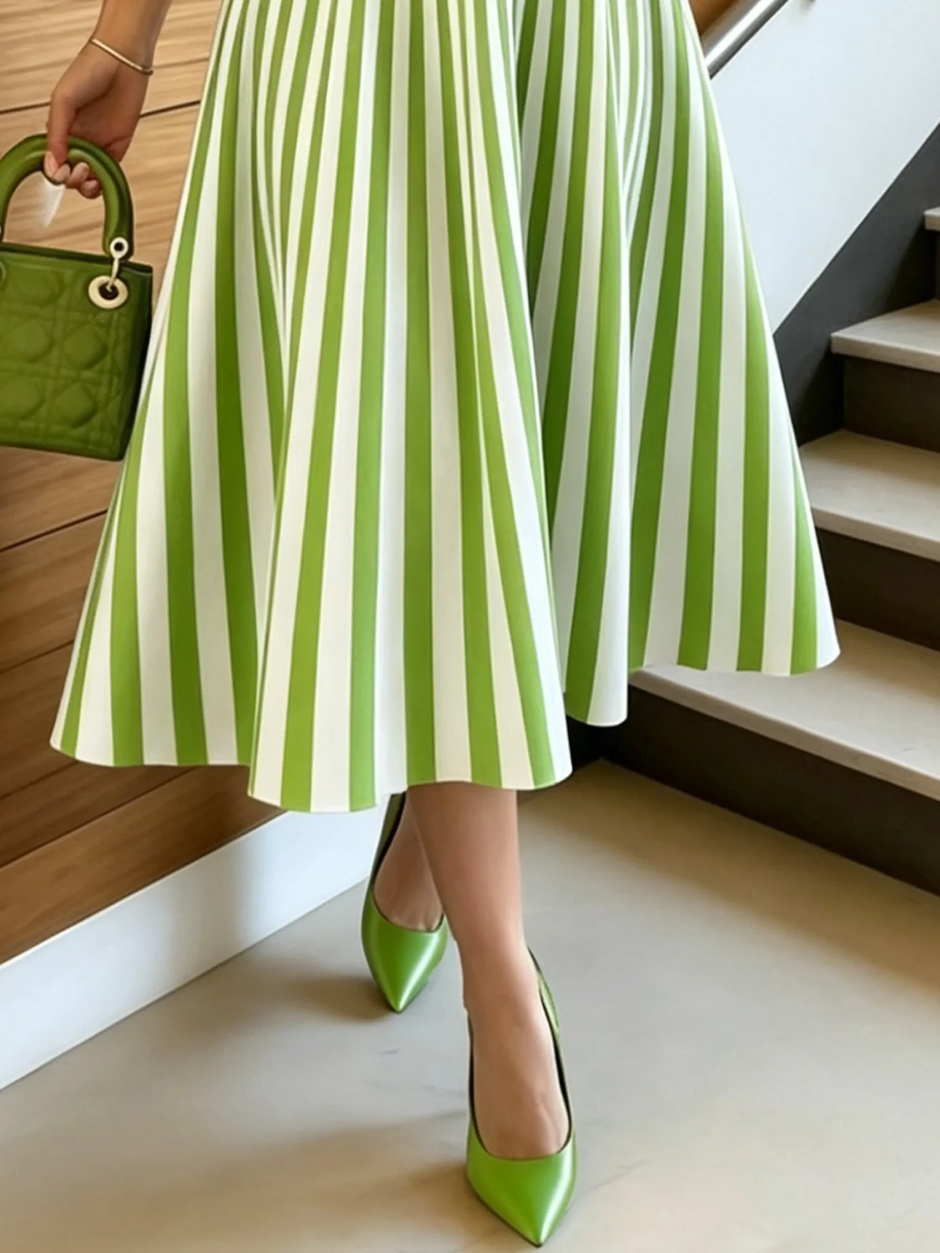 Urban Striped Printing Crew Neck Midi Dress