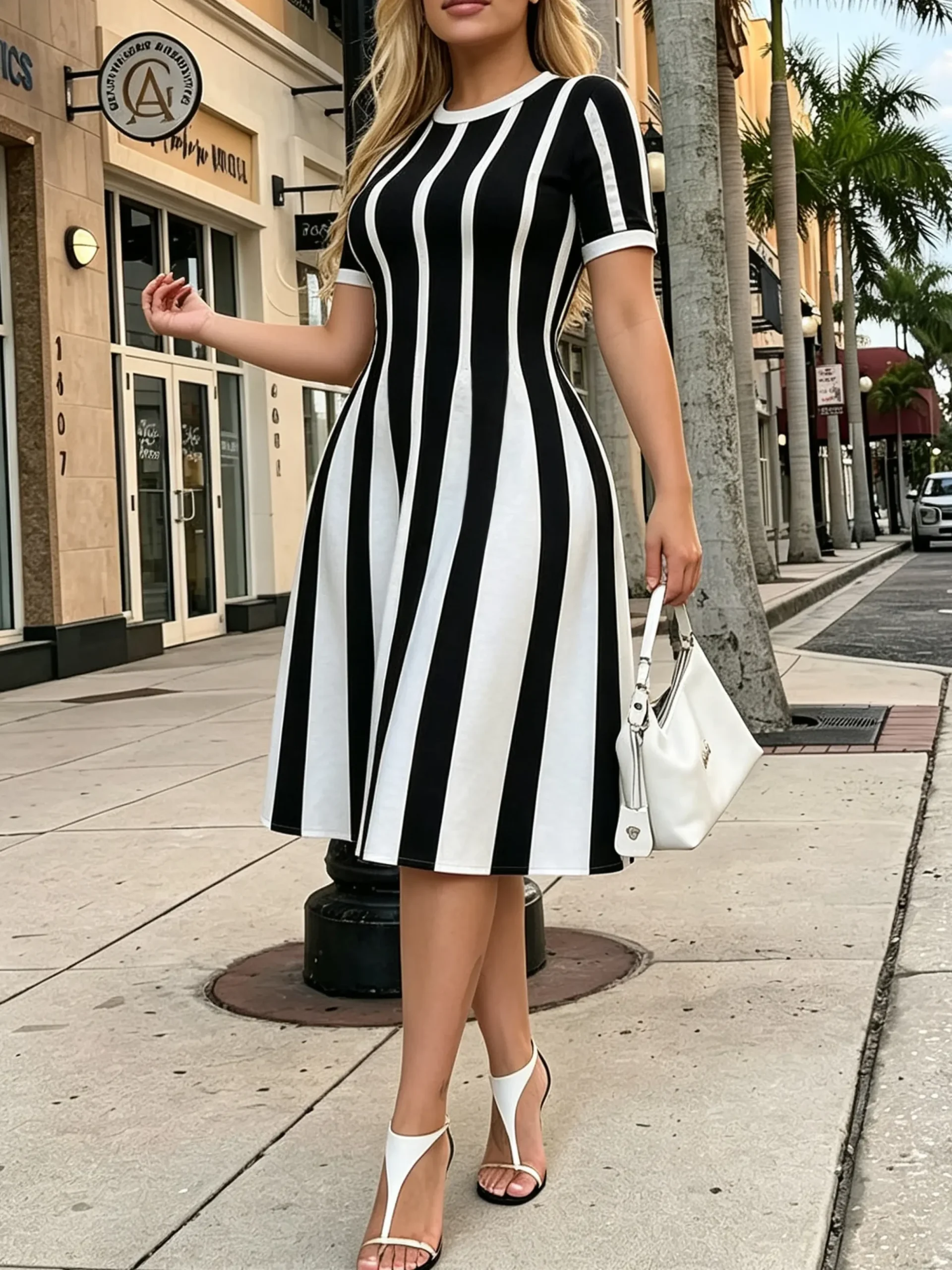 Urban Striped Printing Crew Neck Midi Dress