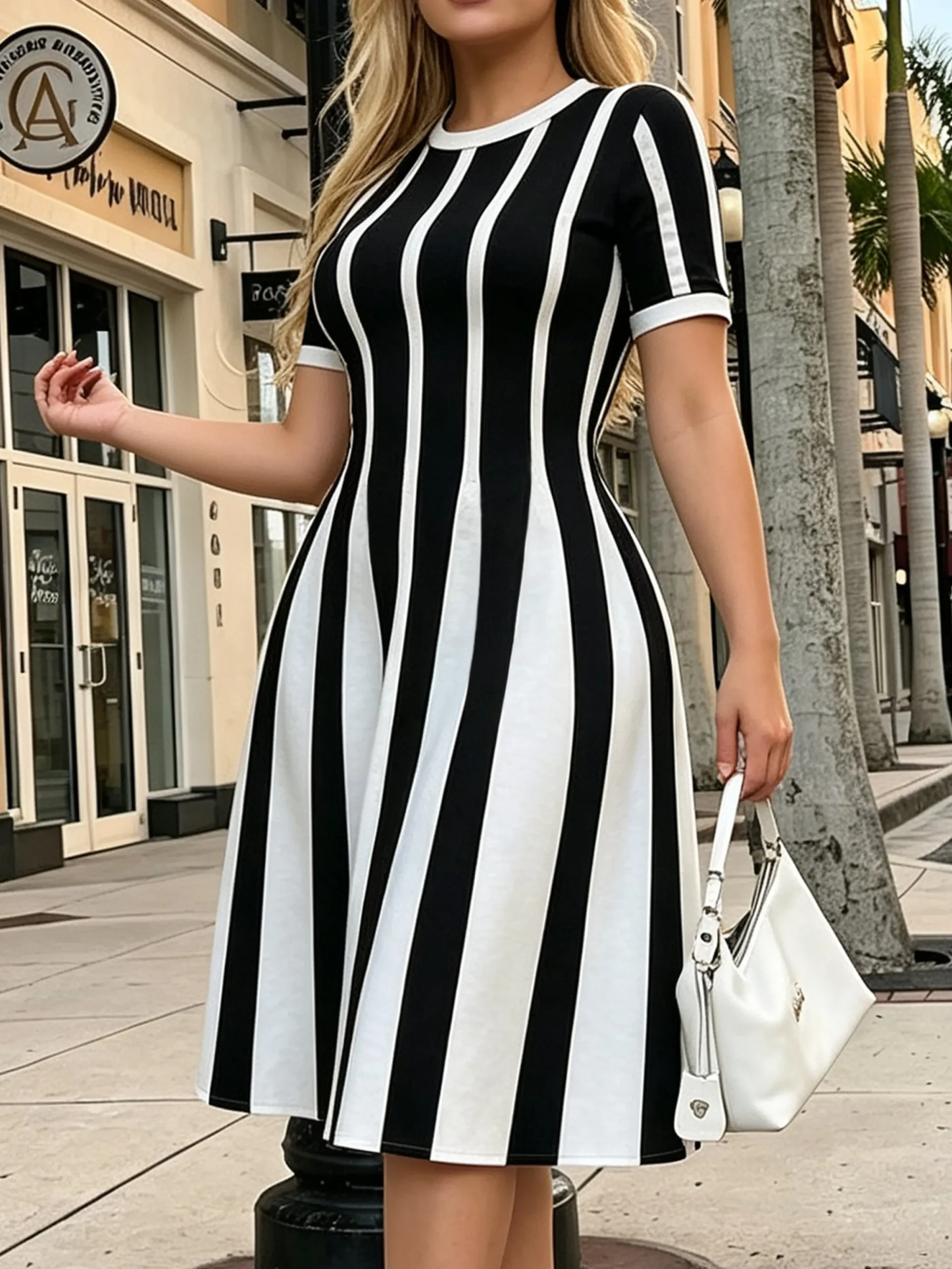 Urban Striped Printing Crew Neck Midi Dress