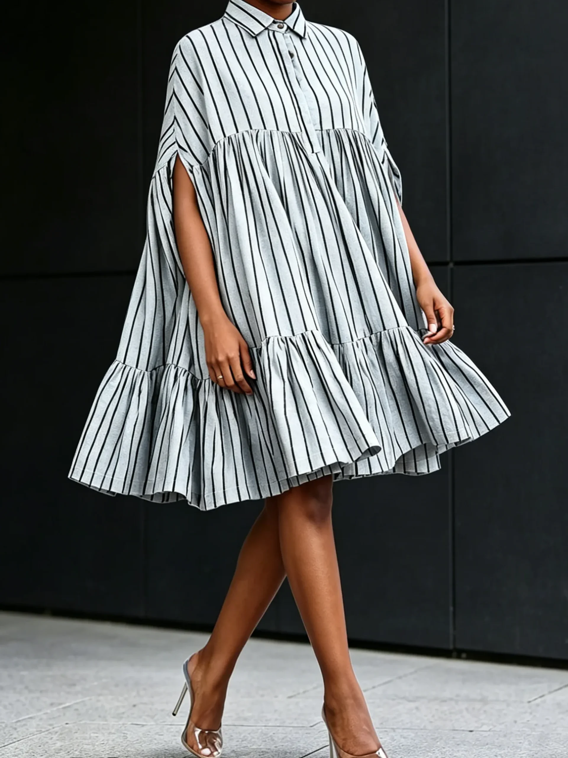 Urban Striped Shirt Collar Knee Length Dress