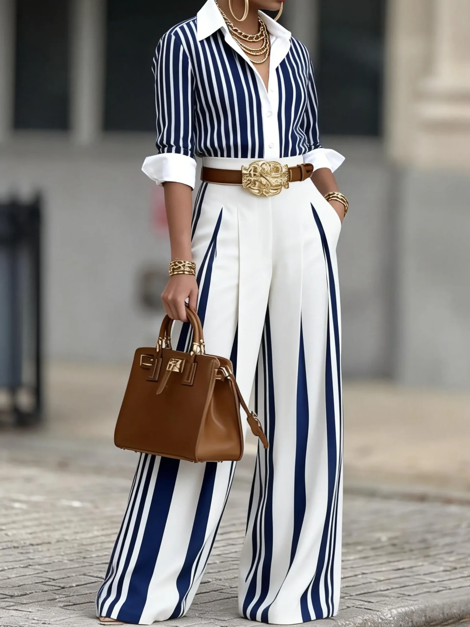 Urban Striped Straight Pants H-Line Natural Commuting Trousers