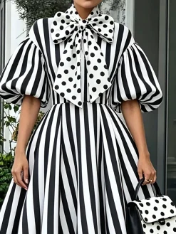 Urban Stripe & Polka Dot Regular Fit Midi Dress for Gathering