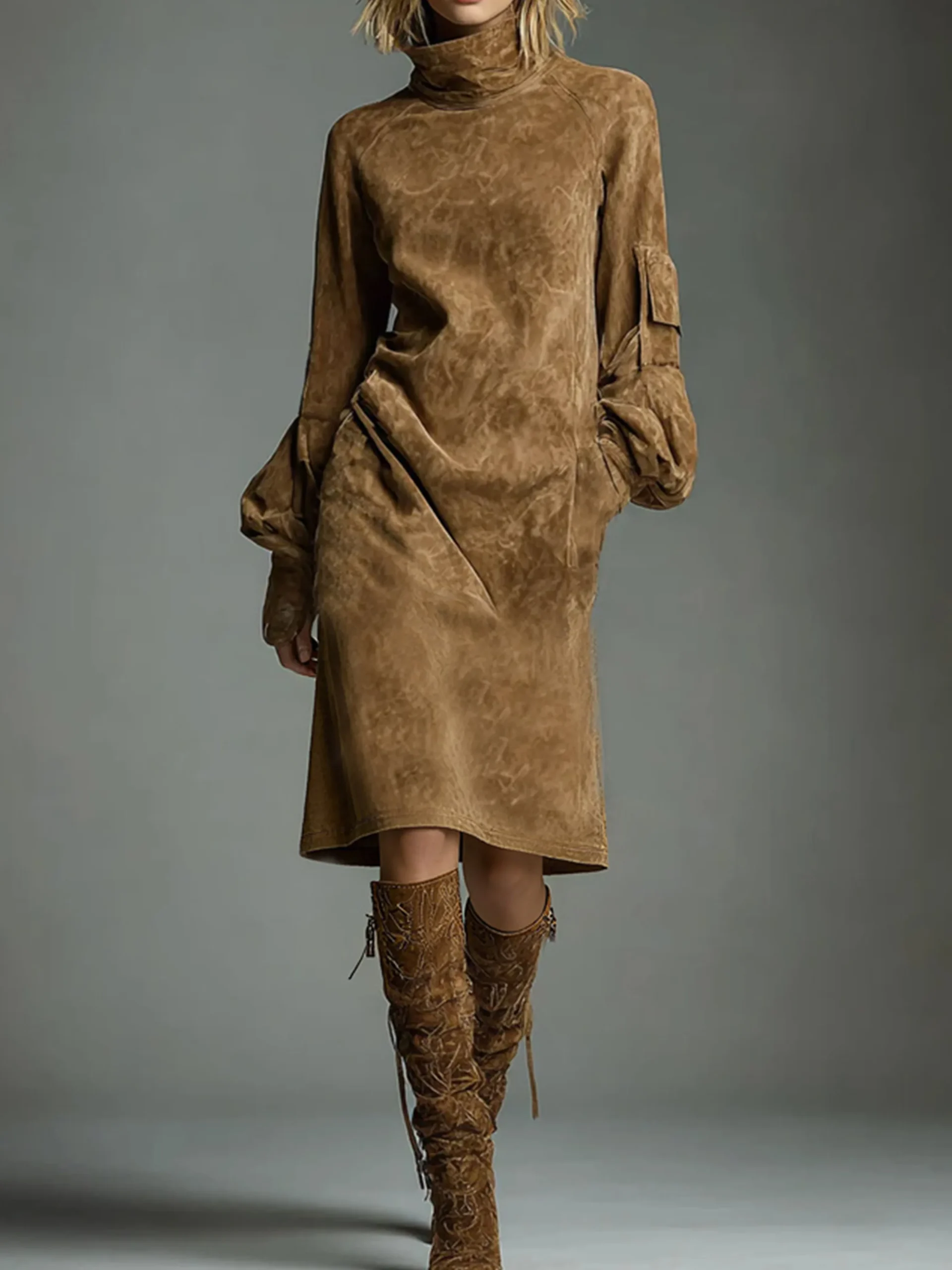 Urban Suede-Look Midi Dress with Pockets